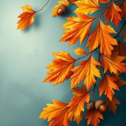 A beautiful and vibrant wallpaper design featuring large oak autumn leaves and acorns