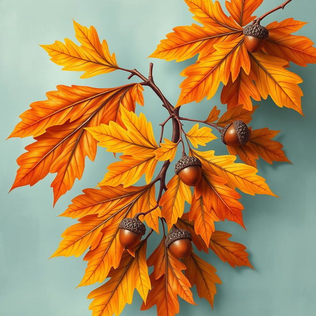 A beautiful and vibrant wallpaper design featuring large oak autumn leaves and acorns