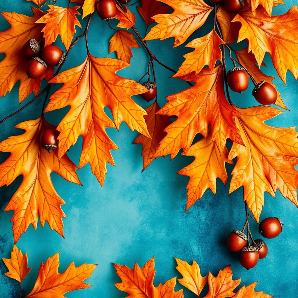 A vibrant and beautifully detailed wallpaper design featuring large oak autumn leaves adorned with acorns, set against a stunning blue-green oil background