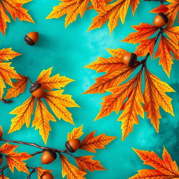 A vibrant and beautifully detailed wallpaper design featuring large oak autumn leaves adorned with acorns, set against a stunning blue-green oil background