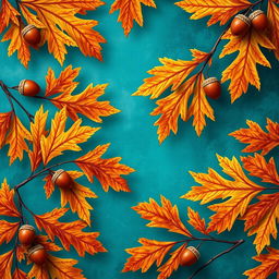 A vibrant and beautifully detailed wallpaper design featuring large oak autumn leaves adorned with acorns, set against a stunning blue-green oil background