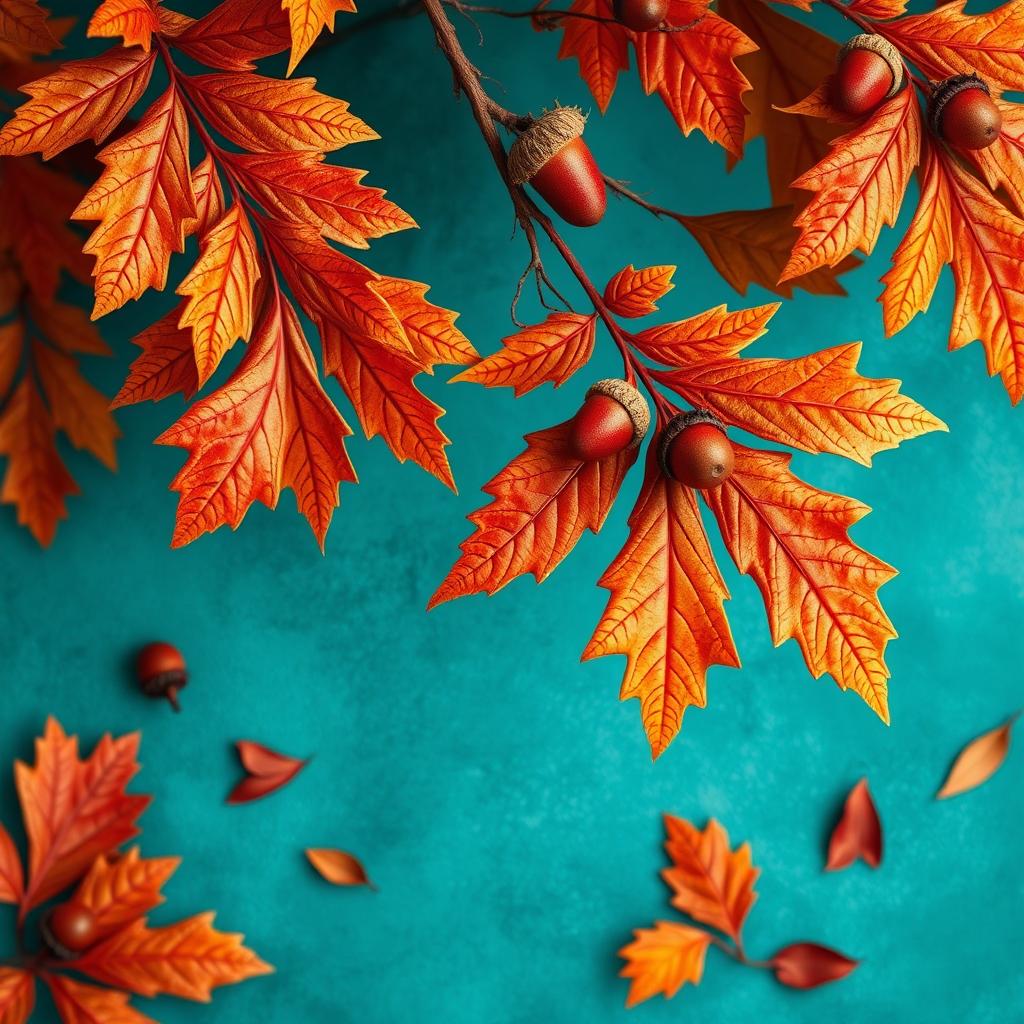 A vibrant and beautifully detailed wallpaper design featuring large oak autumn leaves adorned with acorns, set against a stunning blue-green oil background