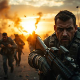 An epic scene from a high-intensity military movie, depicting a gritty battlefield at sunrise, with soldiers in tactical gear bravely charging forward with determination