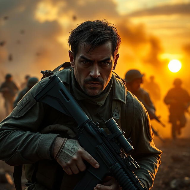 An epic scene from a high-intensity military movie, depicting a gritty battlefield at sunrise, with soldiers in tactical gear bravely charging forward with determination