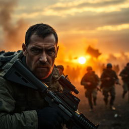 An epic scene from a high-intensity military movie, depicting a gritty battlefield at sunrise, with soldiers in tactical gear bravely charging forward with determination