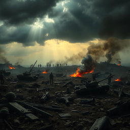 A dramatic war background scene featuring a chaotic battlefield filled with remnants of an intense conflict