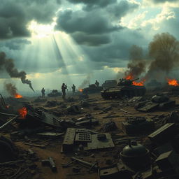 A dramatic war background scene featuring a chaotic battlefield filled with remnants of an intense conflict