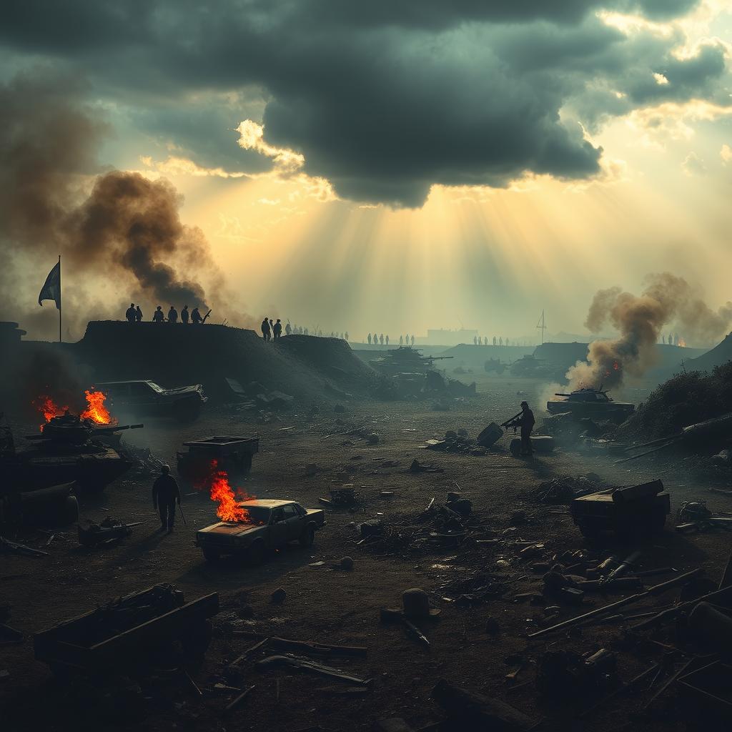 A dramatic war background scene featuring a chaotic battlefield filled with remnants of an intense conflict