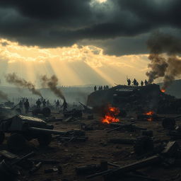 A dramatic war background scene featuring a chaotic battlefield filled with remnants of an intense conflict