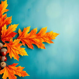 A beautiful and vibrant wallpaper design featuring large oak autumn leaves and acorns prominently displayed on one side