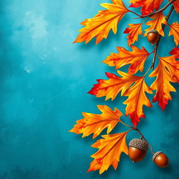 A beautiful and vibrant wallpaper design featuring large oak autumn leaves and acorns prominently displayed on one side