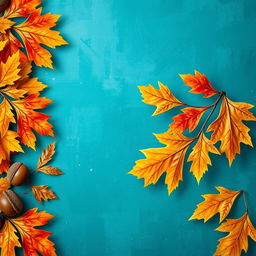 A beautiful and vibrant wallpaper design featuring large oak autumn leaves and acorns prominently displayed on one side