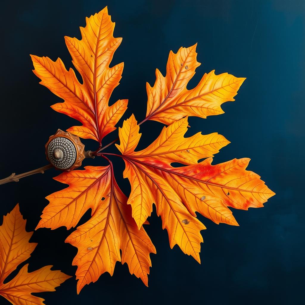 A beautiful, bright wallpaper featuring large oak autumn leaves with acorns prominently displayed on one side