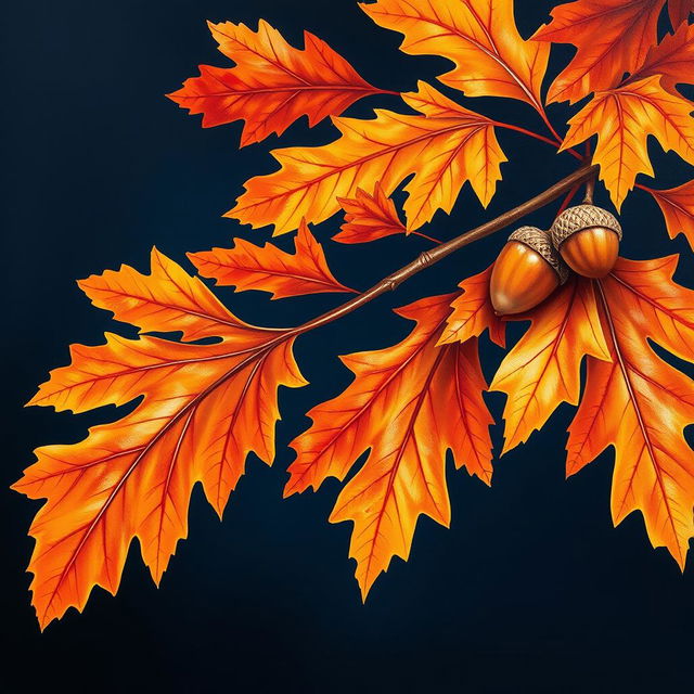 A beautiful, bright wallpaper featuring large oak autumn leaves with acorns prominently displayed on one side