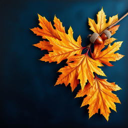 A beautiful, bright wallpaper featuring large oak autumn leaves with acorns prominently displayed on one side