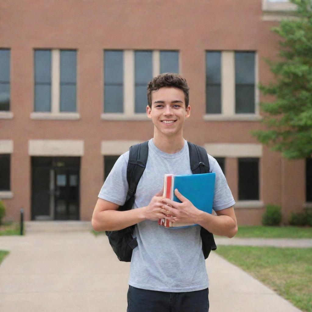 A high school student with a backpack on, standing in front of a school building, holding textbooks.