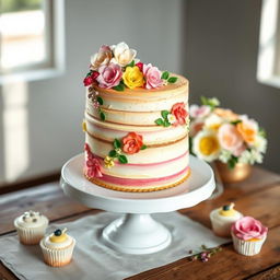 A beautifully decorated cake, featuring multiple layers with vibrant icing, intricate floral designs made of fondant, and edible glitter for a magical touch