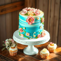 A beautifully decorated cake, featuring multiple layers with vibrant icing, intricate floral designs made of fondant, and edible glitter for a magical touch