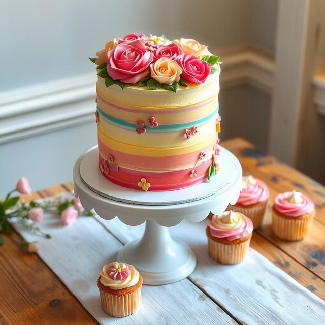 A beautifully decorated cake, featuring multiple layers with vibrant icing, intricate floral designs made of fondant, and edible glitter for a magical touch