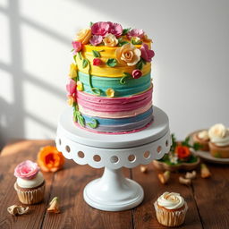 A beautifully decorated cake, featuring multiple layers with vibrant icing, intricate floral designs made of fondant, and edible glitter for a magical touch