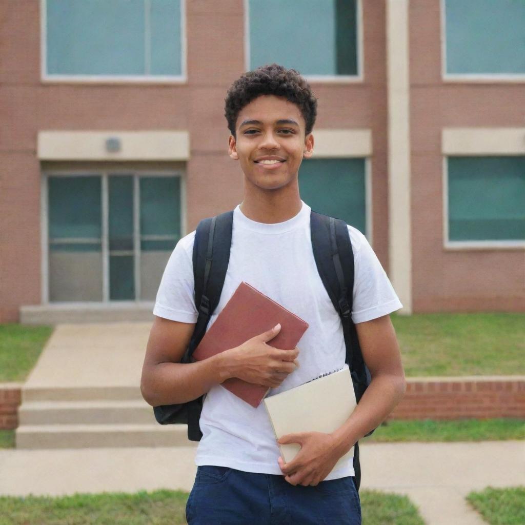 A high school student with a backpack on, standing in front of a school building, holding textbooks.