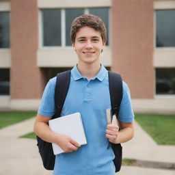 A high school student with a backpack on, standing in front of a school building, holding textbooks.