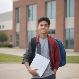 A high school student with a backpack on, standing in front of a school building, holding textbooks.