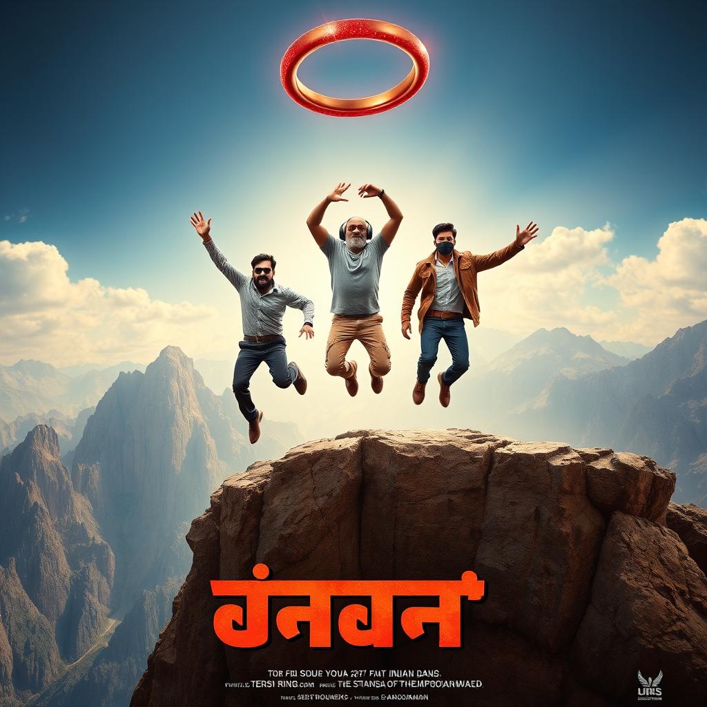 A cinematic movie poster featuring three distinct 27-year-old Indian men leaping off a massive mountain, reaching for a magical red gemstone ring falling through the sky