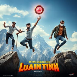 A cinematic movie poster featuring three distinct 27-year-old Indian men leaping off a massive mountain, reaching for a magical red gemstone ring falling through the sky