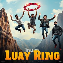 A cinematic movie poster featuring three distinct 27-year-old Indian men leaping off a massive mountain, reaching for a magical red gemstone ring falling through the sky