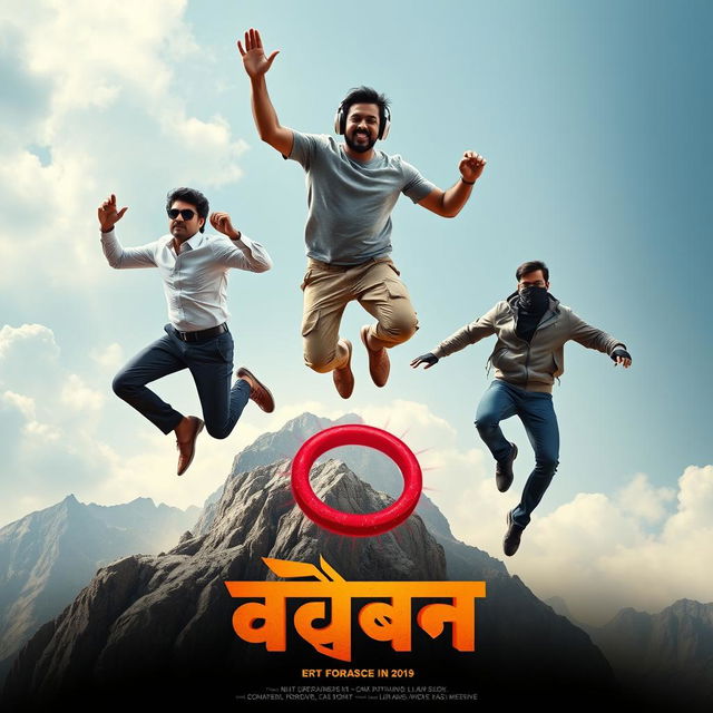 A cinematic movie poster featuring three distinct 27-year-old Indian men leaping off a massive mountain, reaching for a magical red gemstone ring falling through the sky