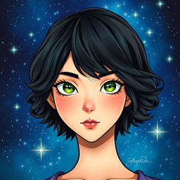 A captivating book cover featuring the main character with medium-short, wavy black hair, fair skin, well-defined lips, a slightly upturned nose, striking green eyes, long eyelashes, a fringe, and subtle freckles