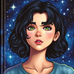 A captivating book cover featuring the main character with medium-short, wavy black hair, fair skin, well-defined lips, a slightly upturned nose, striking green eyes, long eyelashes, a fringe, and subtle freckles