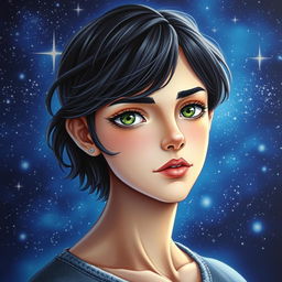 A captivating book cover featuring the main character with medium-short, wavy black hair, fair skin, well-defined lips, a slightly upturned nose, striking green eyes, long eyelashes, a fringe, and subtle freckles