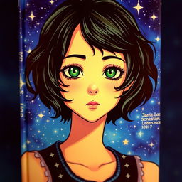 A captivating book cover featuring the main character with medium-short, wavy black hair, fair skin, well-defined lips, a slightly upturned nose, striking green eyes, long eyelashes, a fringe, and subtle freckles