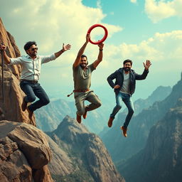 A cinematic and funny film poster featuring three distinct 27-year-old Indian men leaping off a massive mountain, all reaching out to grab a magical red gemstone ring falling through the sky