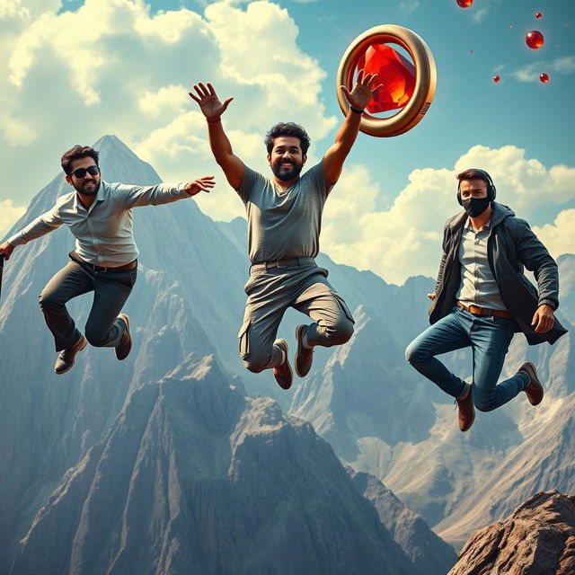 A cinematic and funny film poster featuring three distinct 27-year-old Indian men leaping off a massive mountain, all reaching out to grab a magical red gemstone ring falling through the sky