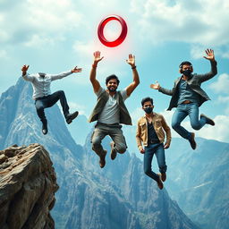 A cinematic and funny film poster featuring three distinct 27-year-old Indian men leaping off a massive mountain, all reaching out to grab a magical red gemstone ring falling through the sky