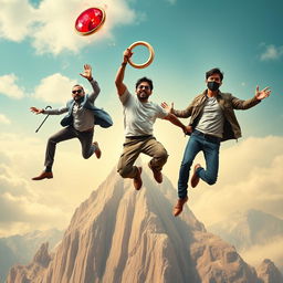 A cinematic and funny film poster featuring three distinct 27-year-old Indian men leaping off a massive mountain, all reaching out to grab a magical red gemstone ring falling through the sky