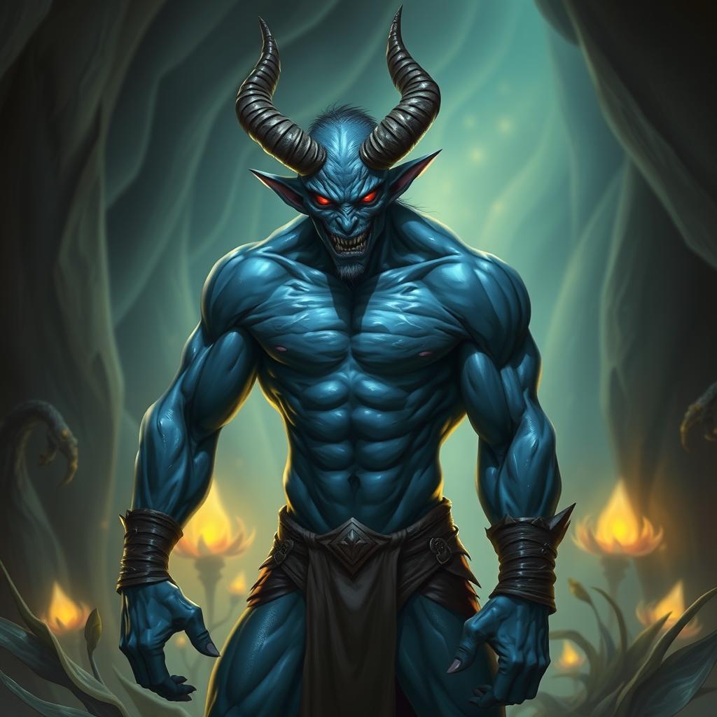 A muscular blue tiefling with prominent horns and glowing red eyes, showcasing a strong physique