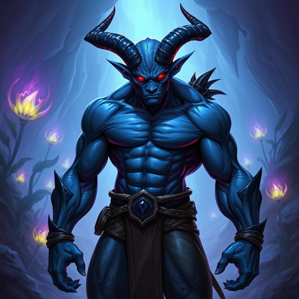 A muscular blue tiefling with prominent horns and glowing red eyes, showcasing a strong physique