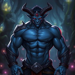 A muscular blue tiefling with prominent horns and glowing red eyes, showcasing a strong physique