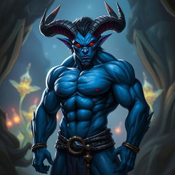 A muscular blue tiefling with prominent horns and glowing red eyes, showcasing a strong physique