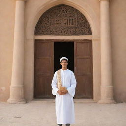 An Arabic high school student dressed in traditional attire, with books in hand, standing in front of a historic school building.