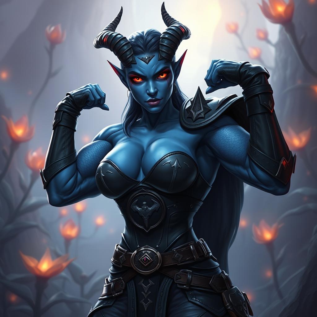 A muscular blue female tiefling with prominent horns and glowing red eyes, flexing her impressive muscles while wearing sleek, form-fitting leather armor that highlights her athletic physique