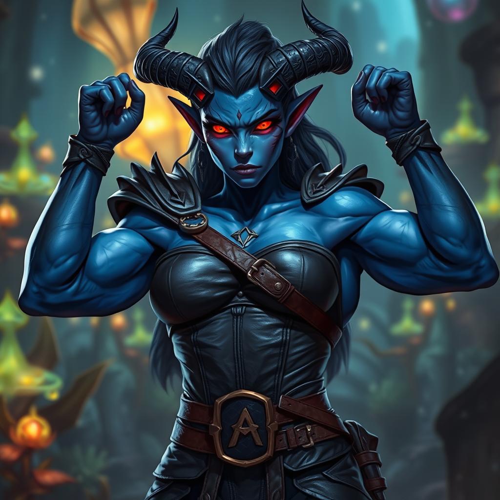 A muscular blue female tiefling with prominent horns and glowing red eyes, flexing her impressive muscles while wearing sleek, form-fitting leather armor that highlights her athletic physique