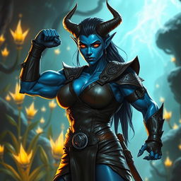 A muscular blue female tiefling with prominent horns and glowing red eyes, flexing her impressive muscles while wearing sleek, form-fitting leather armor that highlights her athletic physique