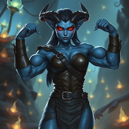 A muscular blue female tiefling with prominent horns and glowing red eyes, flexing her impressive muscles while wearing sleek, form-fitting leather armor that highlights her athletic physique