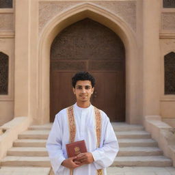 An Arabic high school student dressed in traditional attire, with books in hand, standing in front of a historic school building.