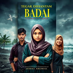 A beautiful book cover featuring a strong high school girl wearing a hijab, determinedly standing against a fierce storm